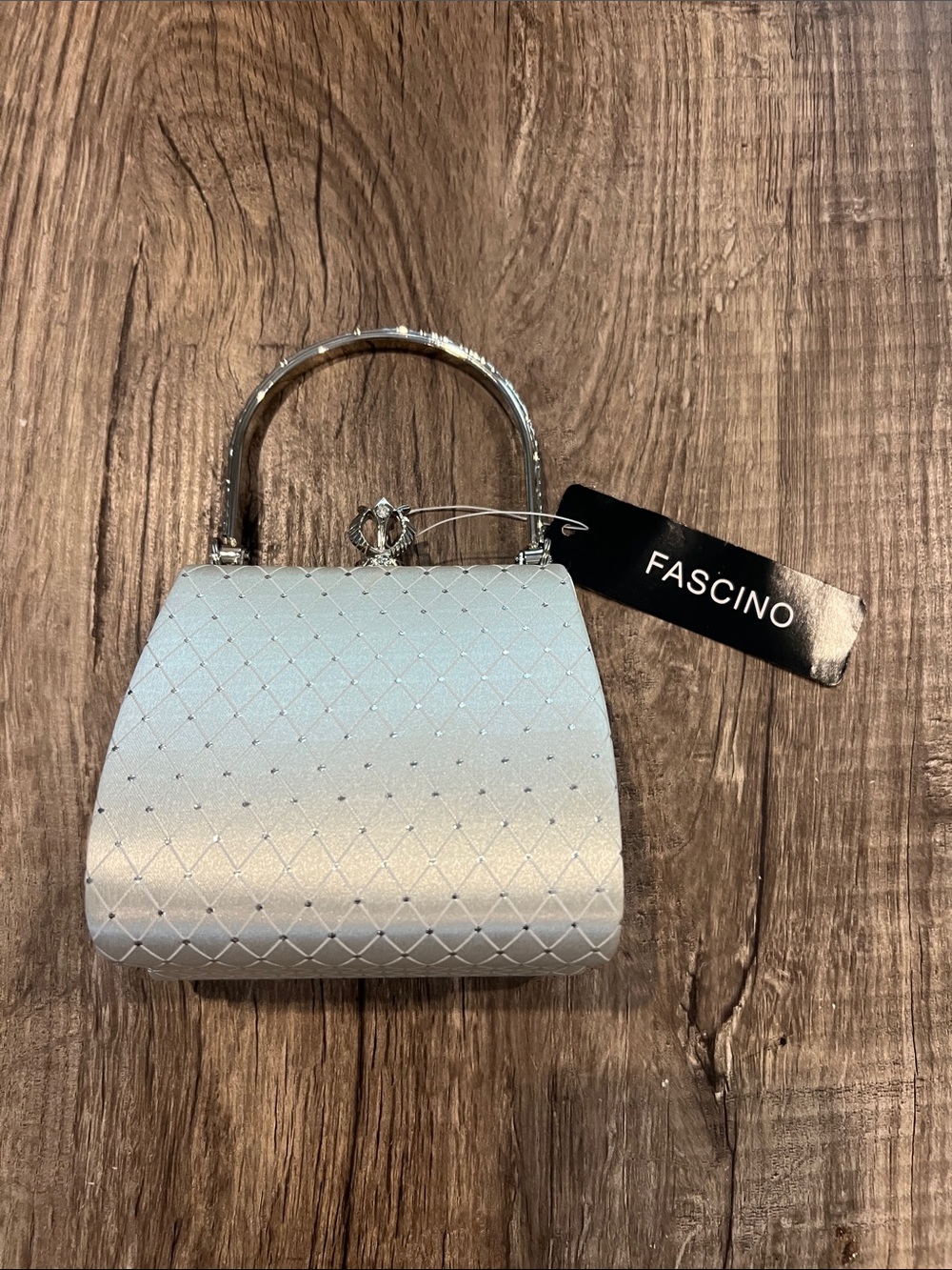 Fascino Silver Quilted Hard Case Clutch Evening Bag Top Handle Prom Wedding NWT